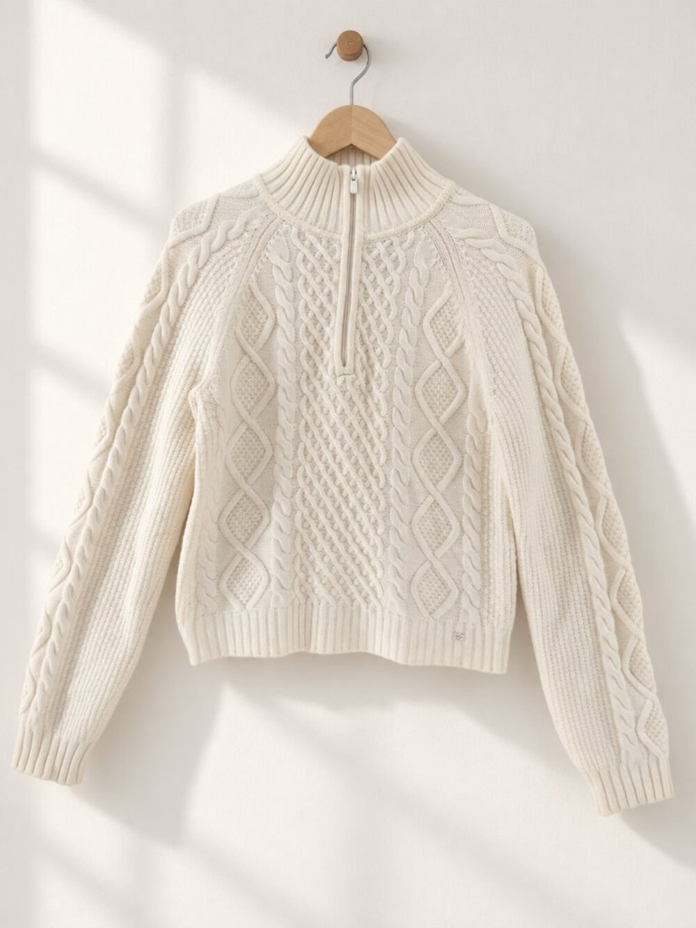 🇨🇦 Sunday Best, Cable Knit Half-Zip Merino Wool Blend Sweater, Ivory, Size 2XS